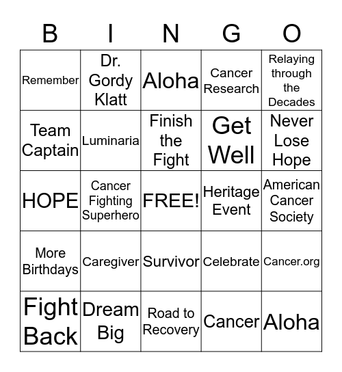 Relay for Life Bingo Card