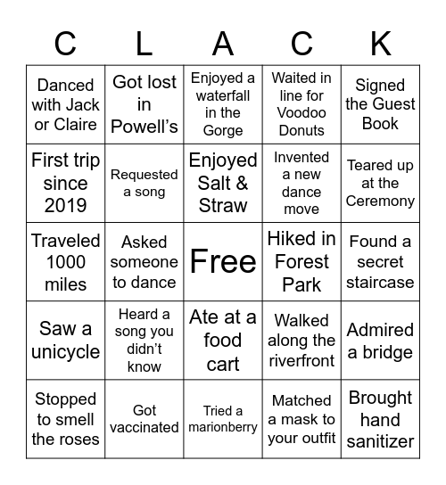 Claire and Jack’s Portland Wedding Bingo Card