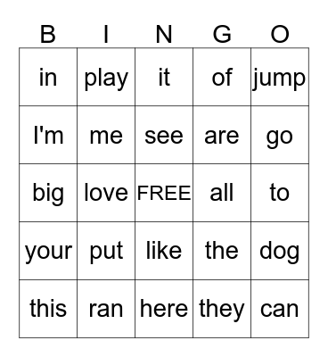 Sight Words Bingo Card