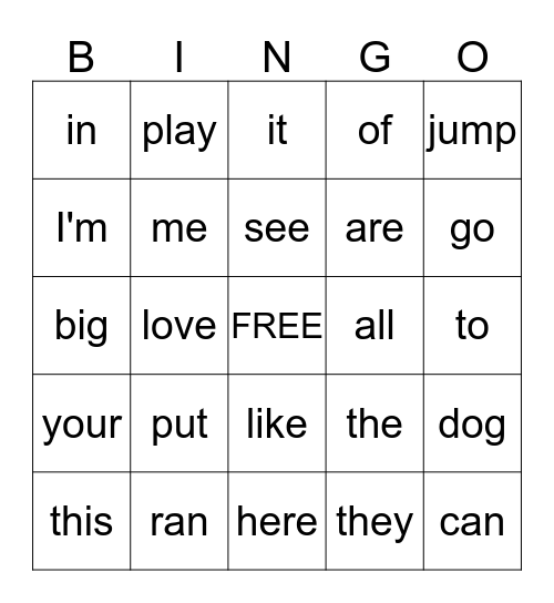 Sight Words Bingo Card