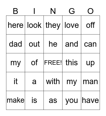 Sight Words Bingo Card