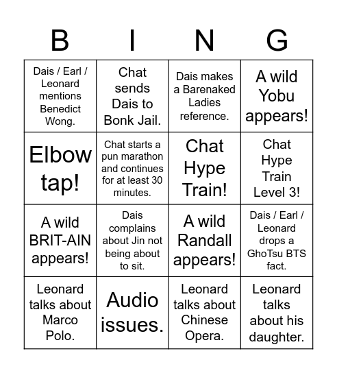 Daisuke Tsuji and Leonard Wu Stream! Bingo Card