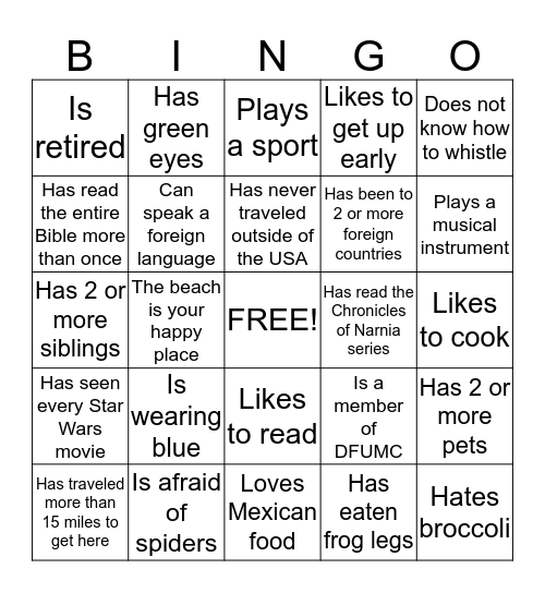 Stephen Ministries Bingo Card