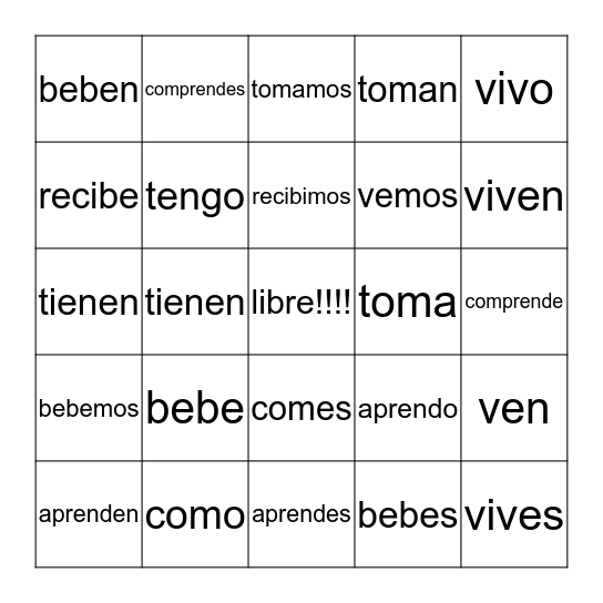 Verb Bingo Card