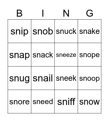 Funny Phonics 4 - SN words Bingo Card