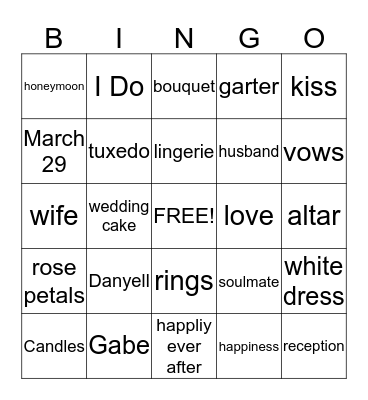 Danyyell's Bridal Shower Bingo Card