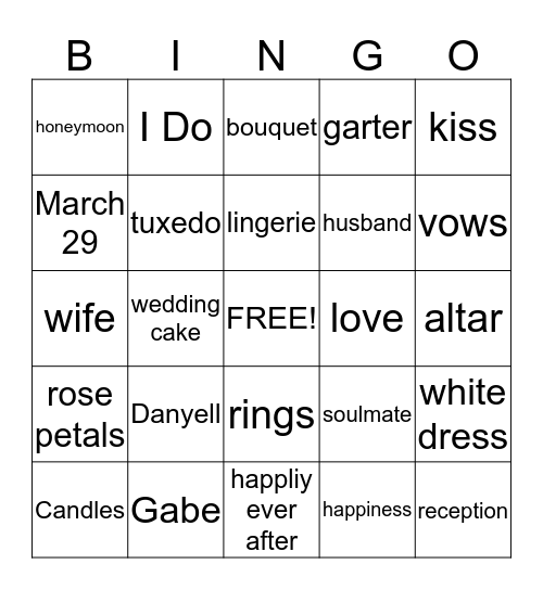 Danyyell's Bridal Shower Bingo Card