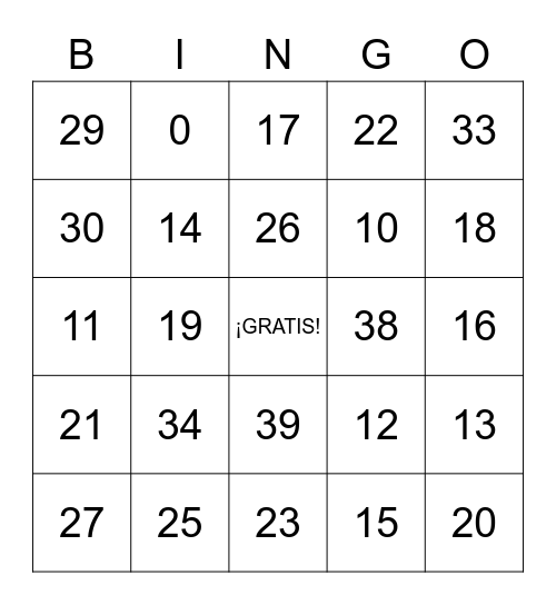 Los Números Bingo 0-39 Bingo Card