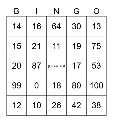 Los Números Bingo 0-100 (specific) Bingo Card