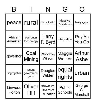 20th Century Virginia Bingo Card