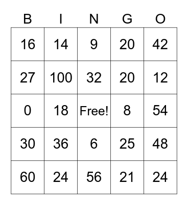 Multiplication Bingo Card