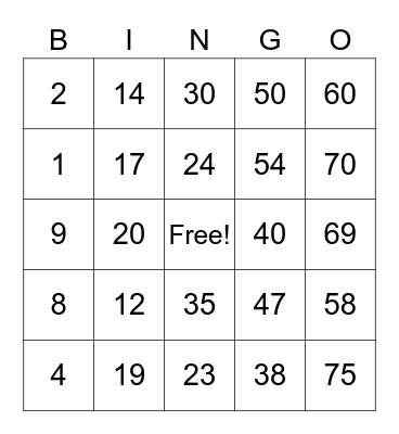 Math Corps bingo Card