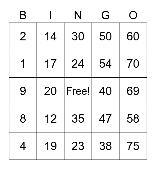 Math Corps bingo Card