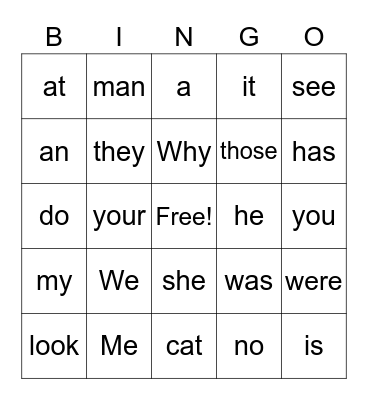 Sight Words Bingo Card