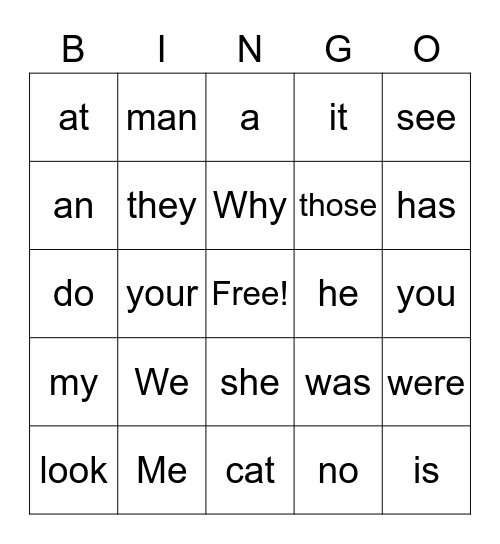 Sight Words Bingo Card