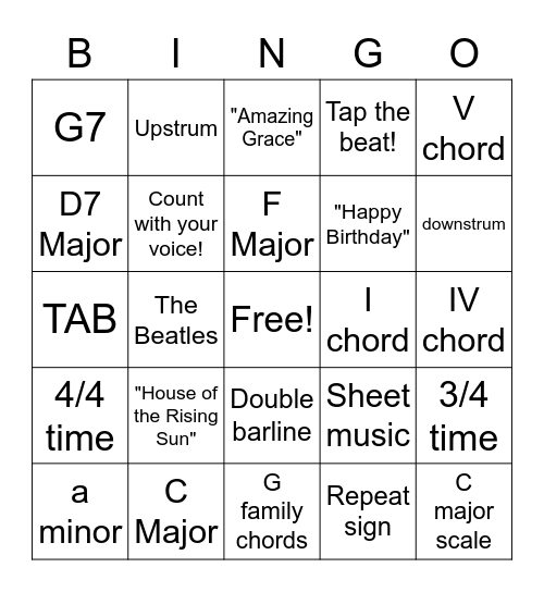 Ukulele Club Bingo Card