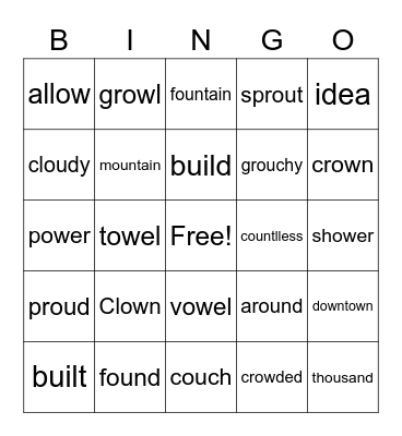 Ou and ow Words Bingo Card