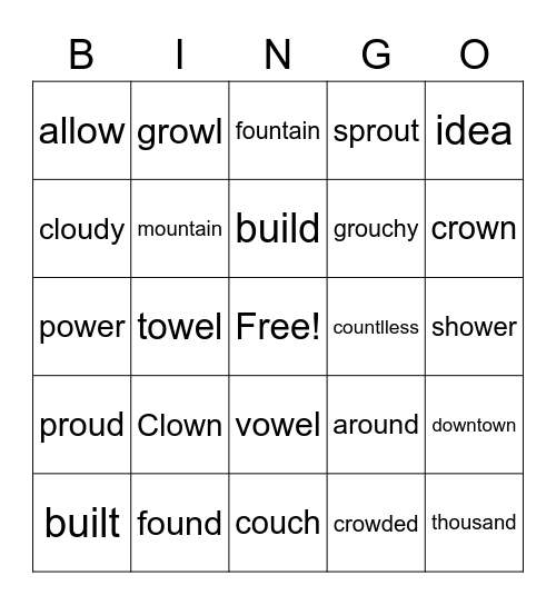 Ou and ow Words Bingo Card