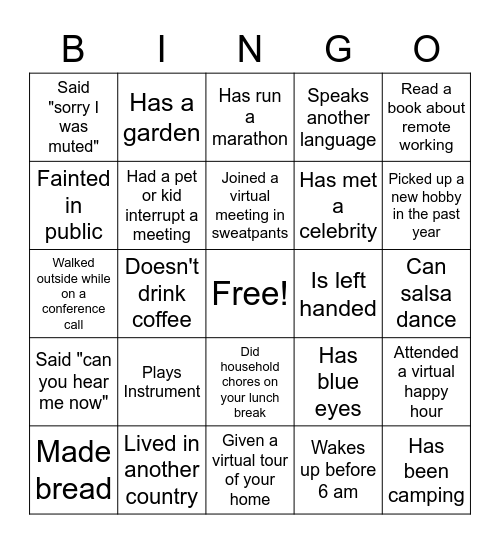 WFH & Icebreaker Bingo Card