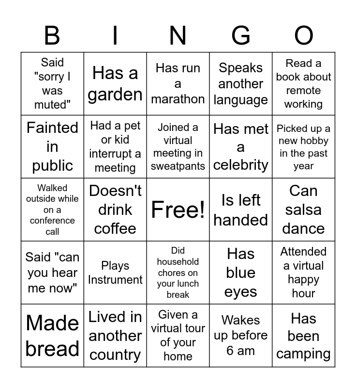 WFH & Icebreaker Bingo Card