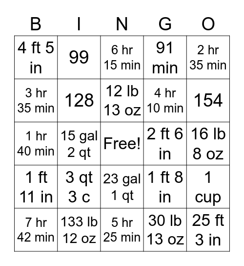 Measurement Conversion Bingo Card