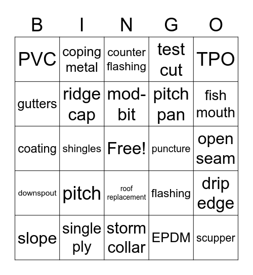 Roofing Bingo Card