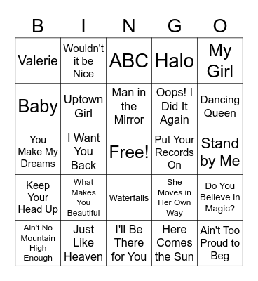 Song Bingo 5/20 Bingo Card