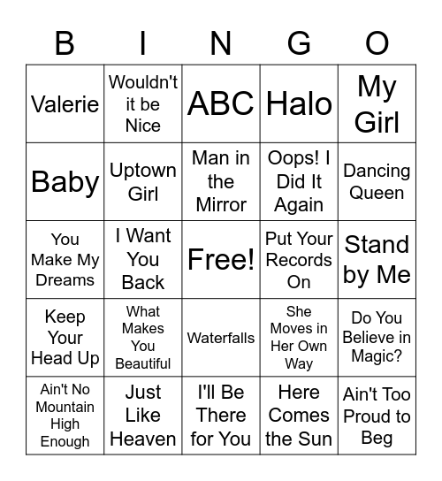 Song Bingo 5/20 Bingo Card