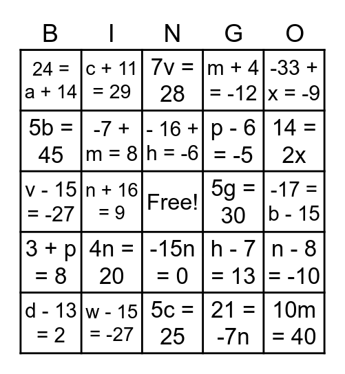 Equations BINGO! Bingo Card