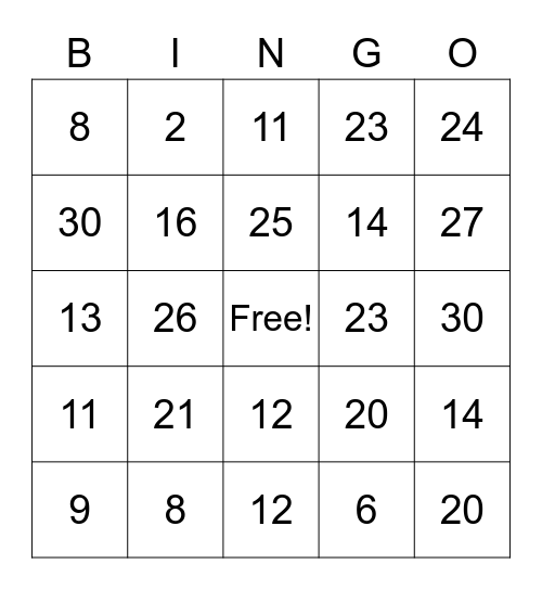 Numbers 1-30 Bingo Card