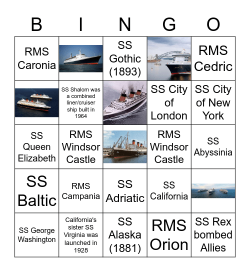 Ocean Liner Bingo Card
