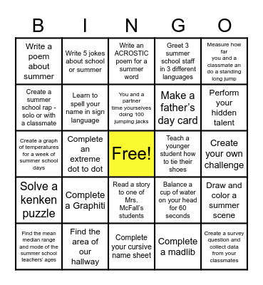 Summer School Bingo! Bingo Card