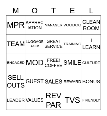 MOTEL 6 BINGO 3 Bingo Card