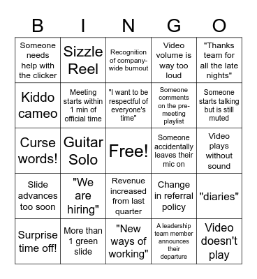 All Hands Zoom Bingo Card
