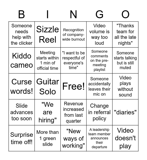 All Hands Zoom Bingo Card