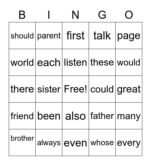 Red Words Bingo Card