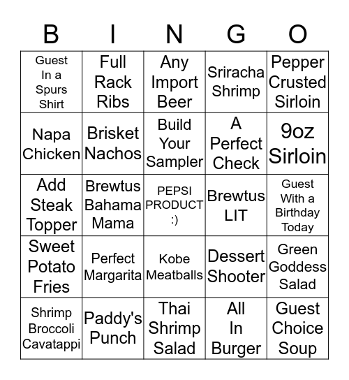 Applebee's Bingo Card