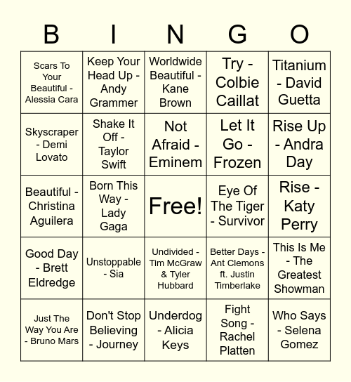 Wellness Music Bingo Card