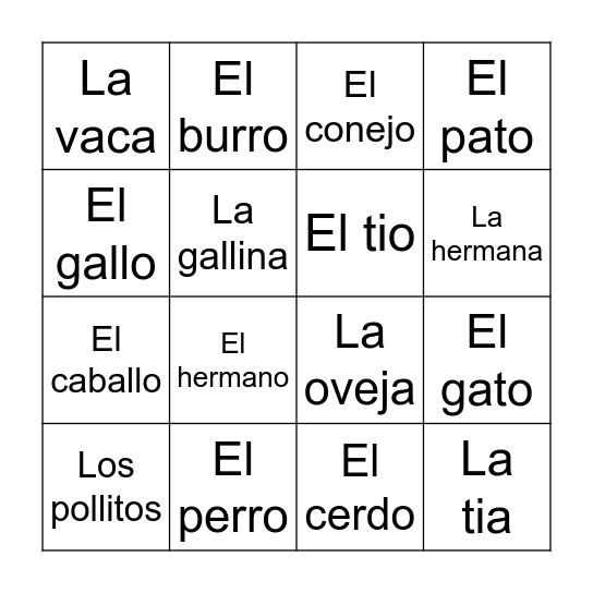 Los animales de la granja Bingo Card