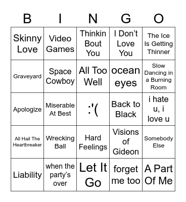 Sad Girl Bingo - Breakup Songs Bingo Card