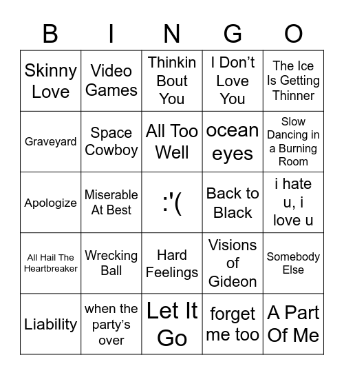 Sad Girl Bingo - Breakup Songs Bingo Card