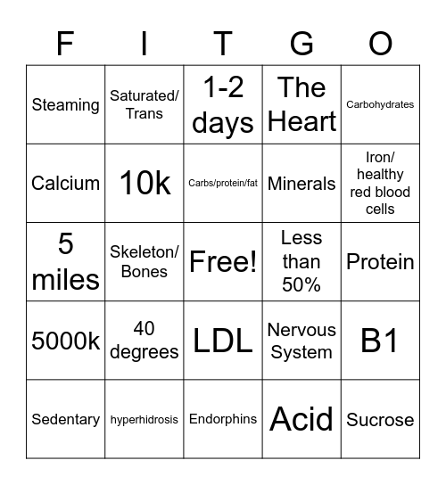 FITGO Bingo Card