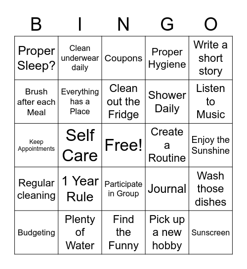 Healthy Habits Bingo Card