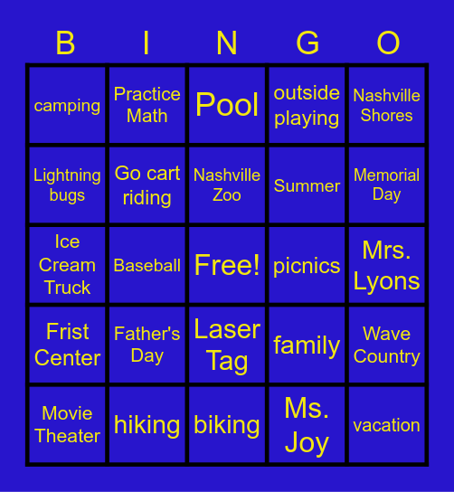 Summer Here We Come!! Bingo Card