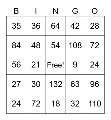 Multiplication Facts Bingo Card