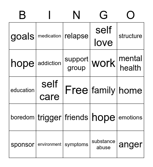 Addiction Bingo Card