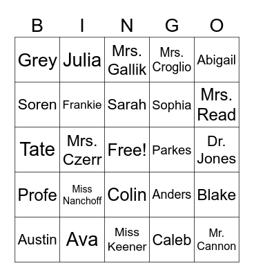 First Graders Bingo Card