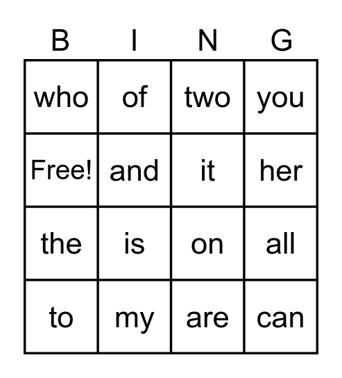 Sight Word Bingo Card