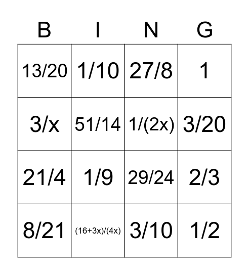 Multiplying and Adding Fractions Bingo Card