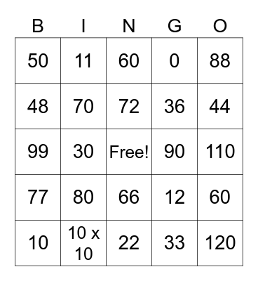 Multiplication 10-12 Bingo Card